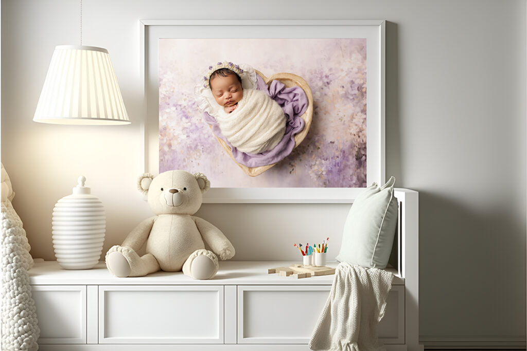 framed print hanging in nursery of newborn in heart prop wearing white swaddle